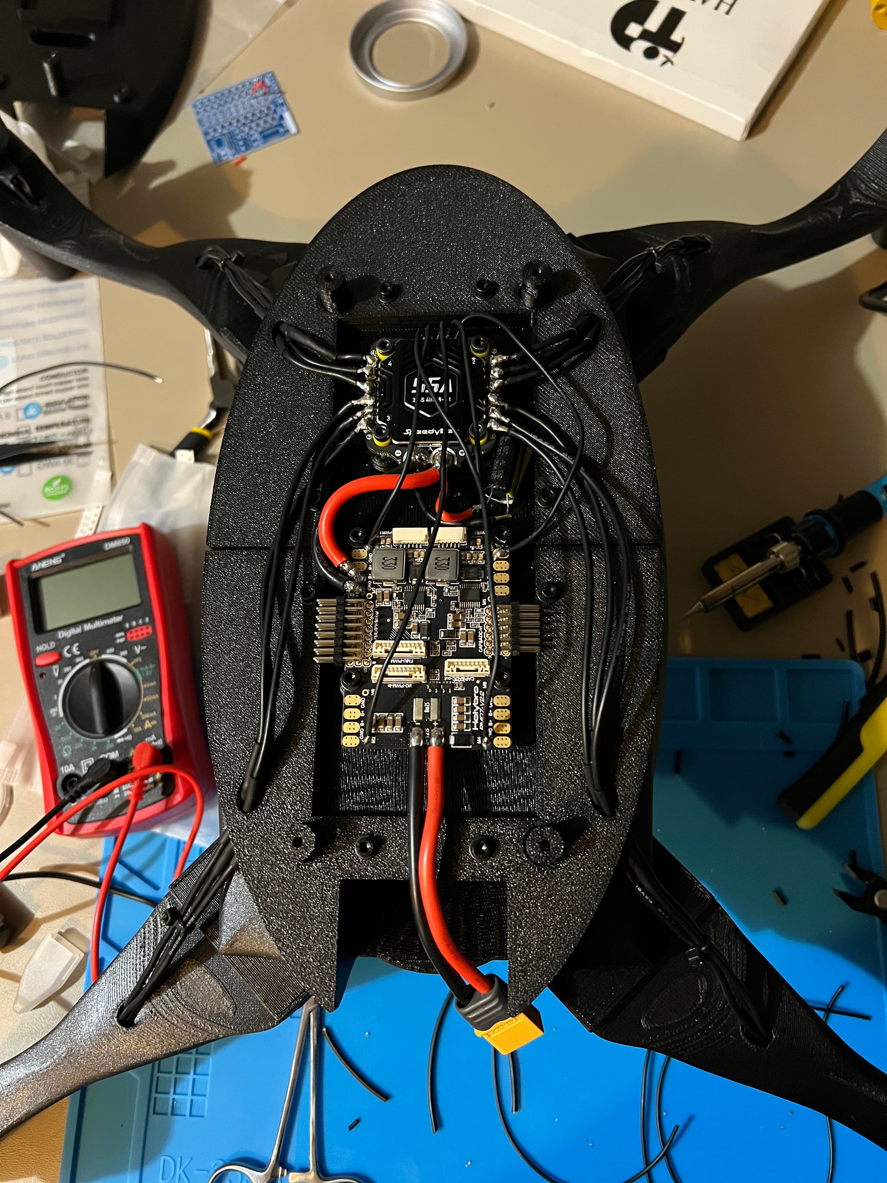 Internal quadrotor electronics and wiring during assembly