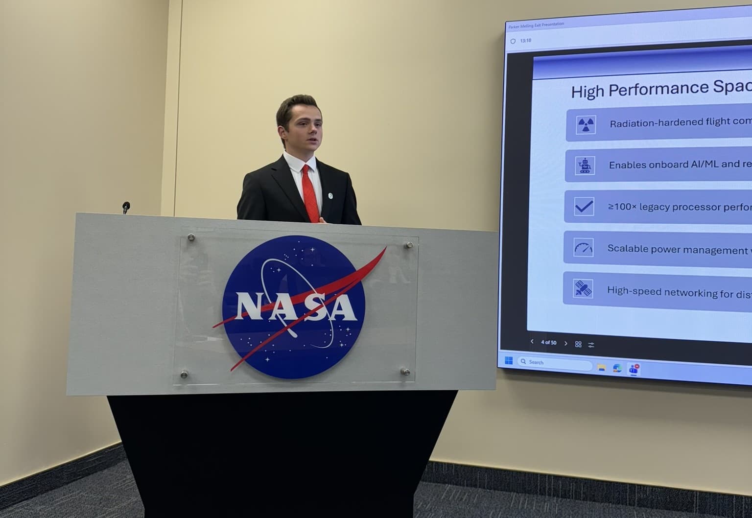 Presenting my NASA Armstrong work beside a High-Performance Spaceflight Computing slide