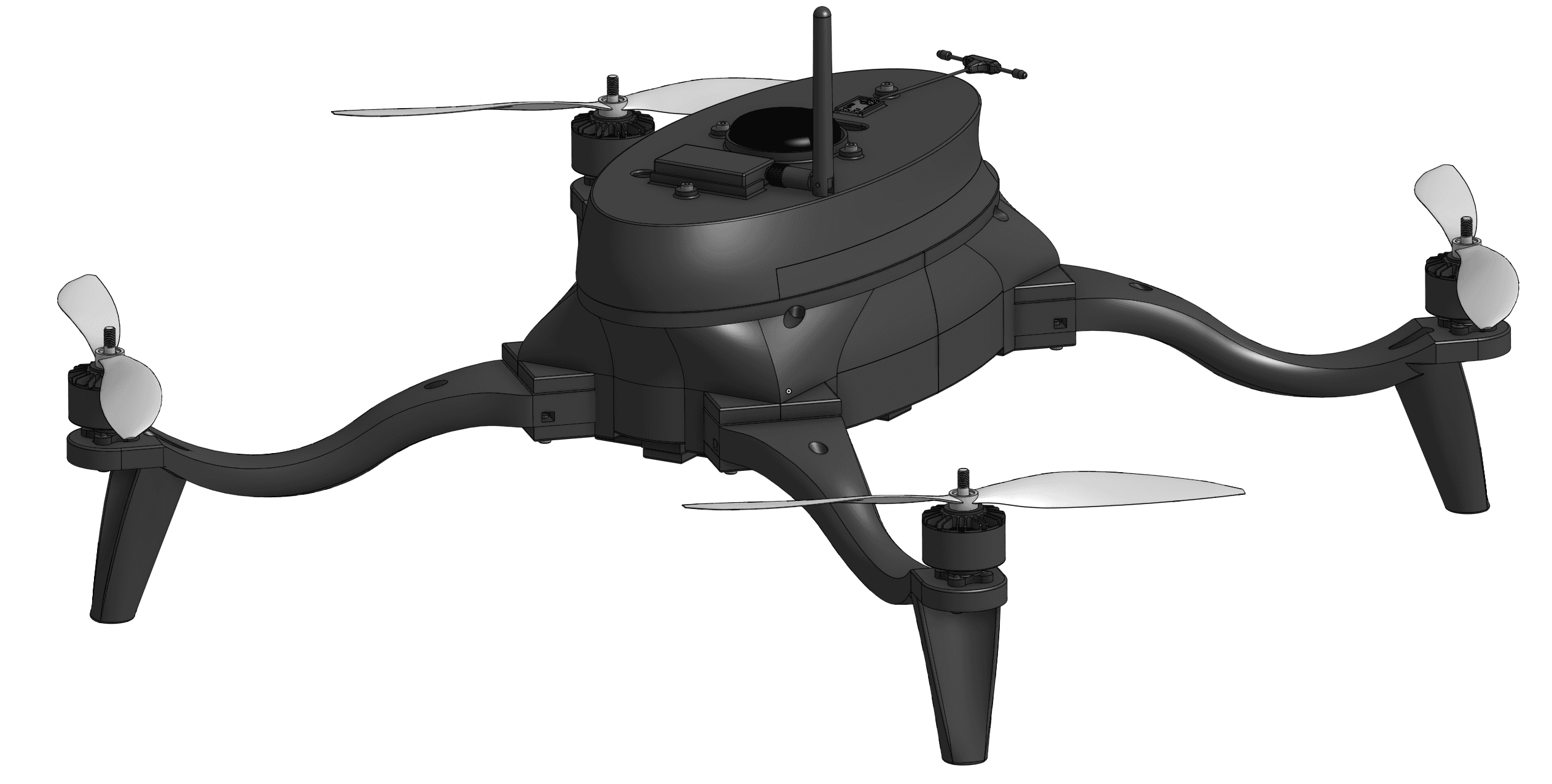 Rendered black quadrotor model with four curved arms